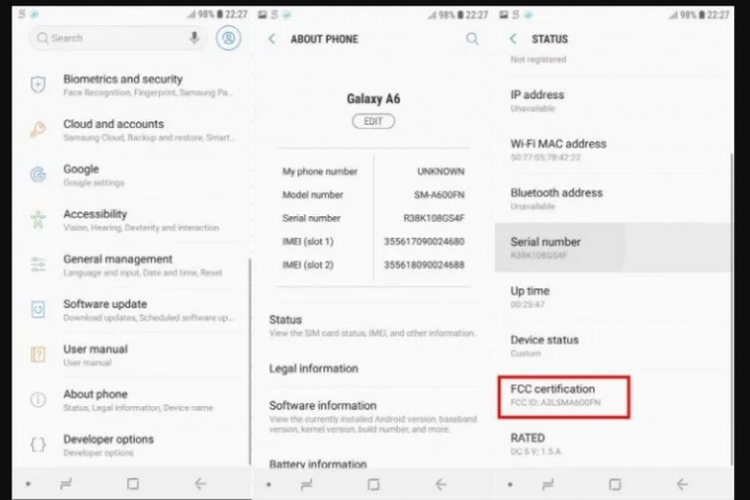 Bocoran sertifikasi samsung Galaxy A6 yang diterbitkan Komisi Komuniasi Pusat Amerika Serikat (FCC)