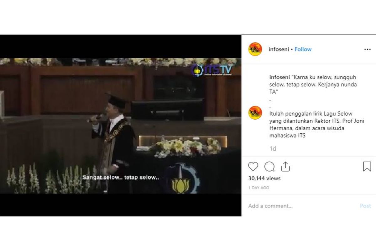 Penampilan rektor ITS Joni Hermana saat menyanyikan lagu Selow dengan lirik yang diubah di acara wisuda ke-119, Minggu (17/3/2019)