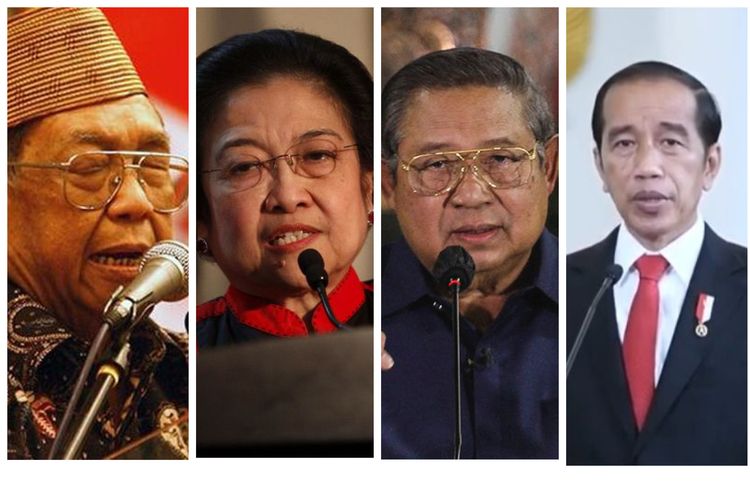 Kolase foto Presiden RI dari Presiden ke-4 sampai ke-7 (dari kiri ke kanan): Abdurrahman Wahid atau Gus Dur; Megawati Soekarnoputri; Susilo Bambang Yudhoyono (SBY); Joko Widodo (Jokowi)