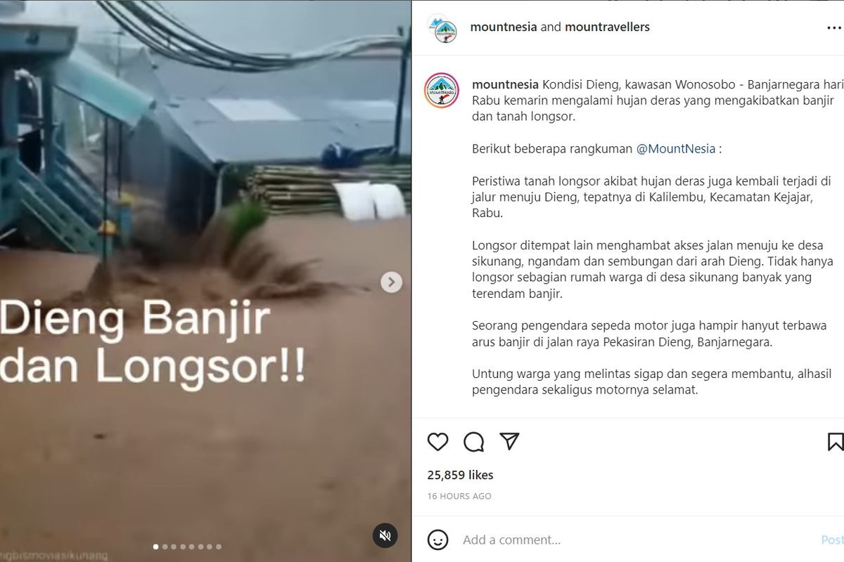 Tangkapan layar akun Instagram @mountnesia menunjukkan  video banjir melanda Dieng, Wonosobo, Jawa Tengah. Cuaca ekstrem, hujan lebat dan awan cumulonimbus menjadi penyebab utama banjir Dieng.