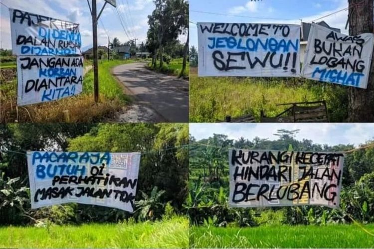 Tangkapan layar postingan di instagram foto spanduk-spanduk dari warga agar Jalan Banyurejo, Kapanewon Tempel, Sleman yang rusak bisa segera diperbaiki.