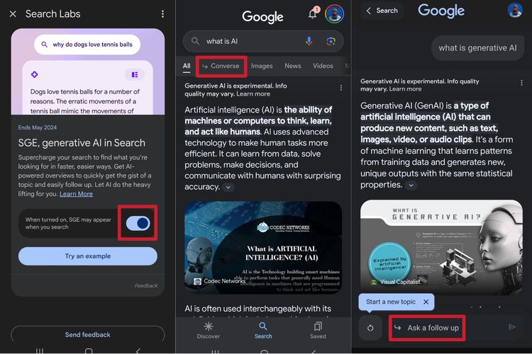 Uji coba fitur kecerdasan buatan generatif (generative artificial intelligence/AI) di Google Search, Search Generative Experience  hadir di Indonesia dan mendukung bahasa Indonesia. 