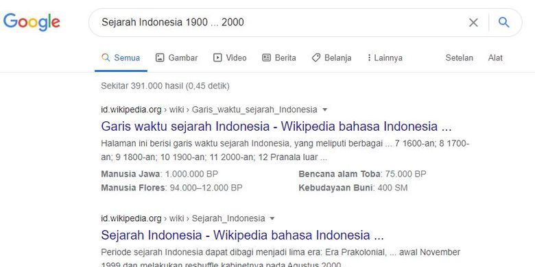 Menggunakan tanda elipsis ... untuk menelusuri jangka waktu di pencarian Google 