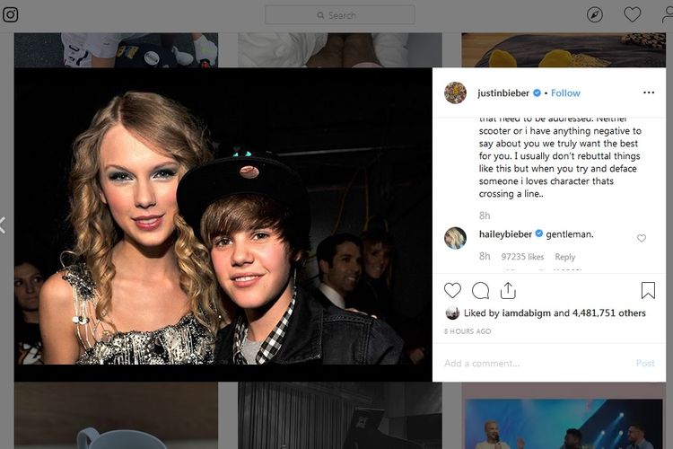 Bidik layar postingan Instagram Justin Bieber tentang Taylor Swift.