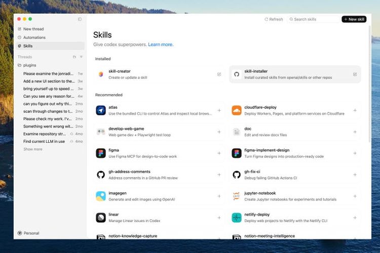 Tampilan aplikasi Codex menampilkan fitur Skills.