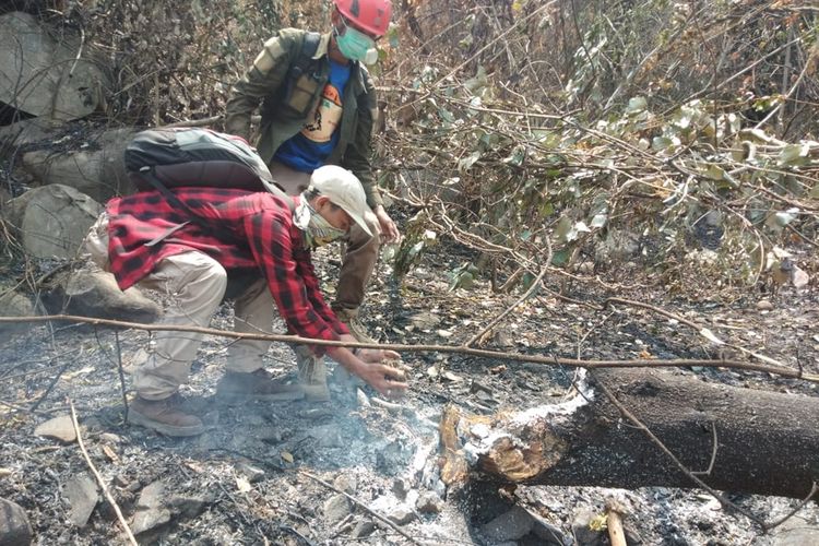 Relawan tengah memadamkan titik api di Gunung Sirnalanggeng, Kecamatan Tegalwaru, Kabupaten Karawang dengan tanah, Rabu (23/10/2019).