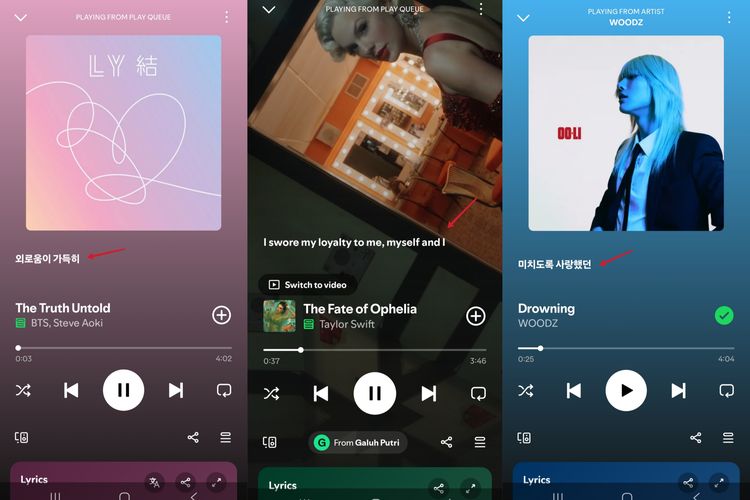 Tampilan fitur baru lirik preview di Spotify.