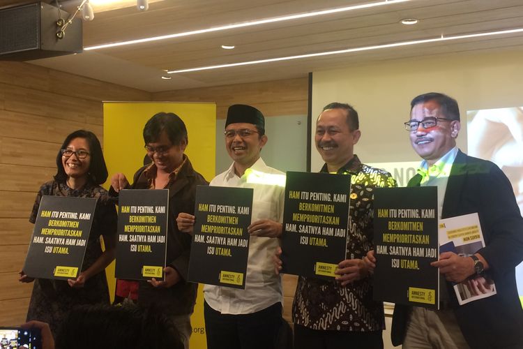 Amnesty International memberikan 9 prioritas HAM kepada BPN dan TKN serta Komnas HAM di kantor Amnesty International, Menteng, Jakarta Pusat, Senin (15/4/2019). 