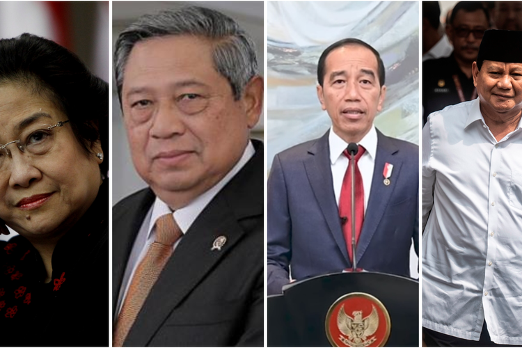 Kolase foto 4 Presiden (kiri ke kanan) Megawati Soekarnoputri, Susilo Bambang Yudhoyono, Joko Widodo, Prabowo Subianto