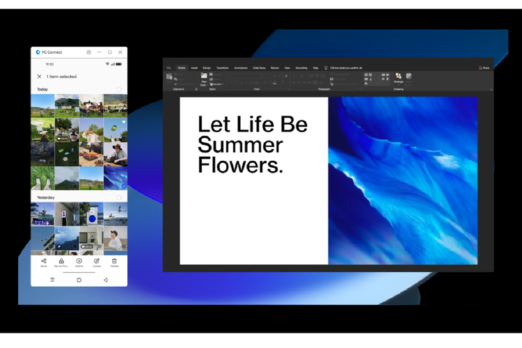 Ilustrasi tampilan ponsel Oppo yang dihubungkan ke PC dengan fitur baru multi-screen connect (PC Connect).