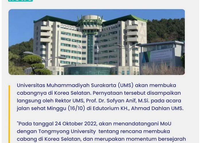 Universitas Muhammadiyah Surakarta (UMS) membuka cabang di Korea Selatan. 