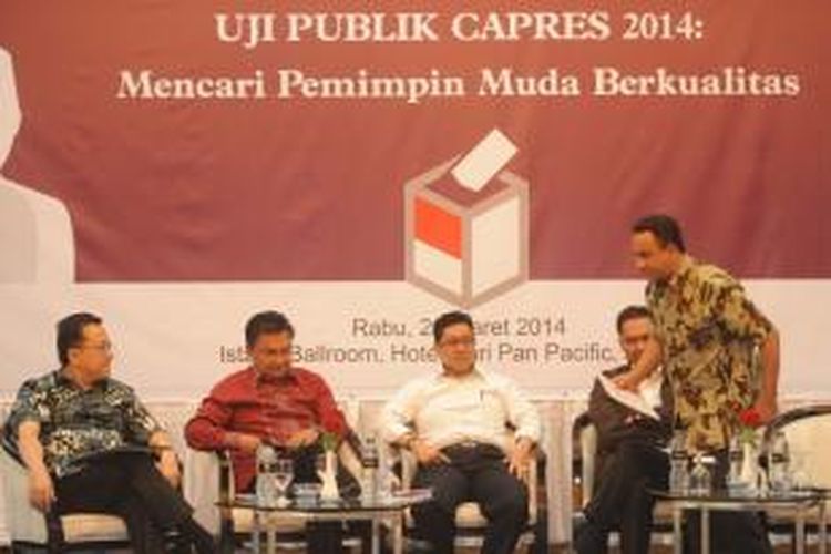 Uji Publik Capres 2014 - Calon Presiden Konvensi Partai Demokrat (dari kanan) Anies Baswedan, Gita Wirjawan, Ali Masykur Musa, Dino Patti Djalal, dan Irman Gusman hadir dalam diskusi 