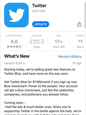 Harga baru langganan Twitter Blue yang tercantum di App Store bagi pengguna di AS.