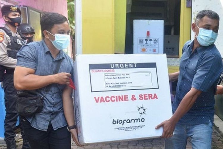 Petugas memindahkan vaksin Covid-19 Sinovac yang didatangkan dari Jakarta setibanya di gudang Instalasi Farmasi, Banda Aceh, Aceh, Selasa (12/01).