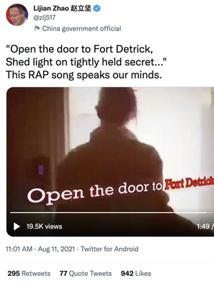 Sebuah lagu rap yang diciptakan oleh kelompok nasionalis China CD Rev menyampaikan lirik tuduhan bahwa Covid-19 ditetaskan oleh laboratorium Fort Detrick.