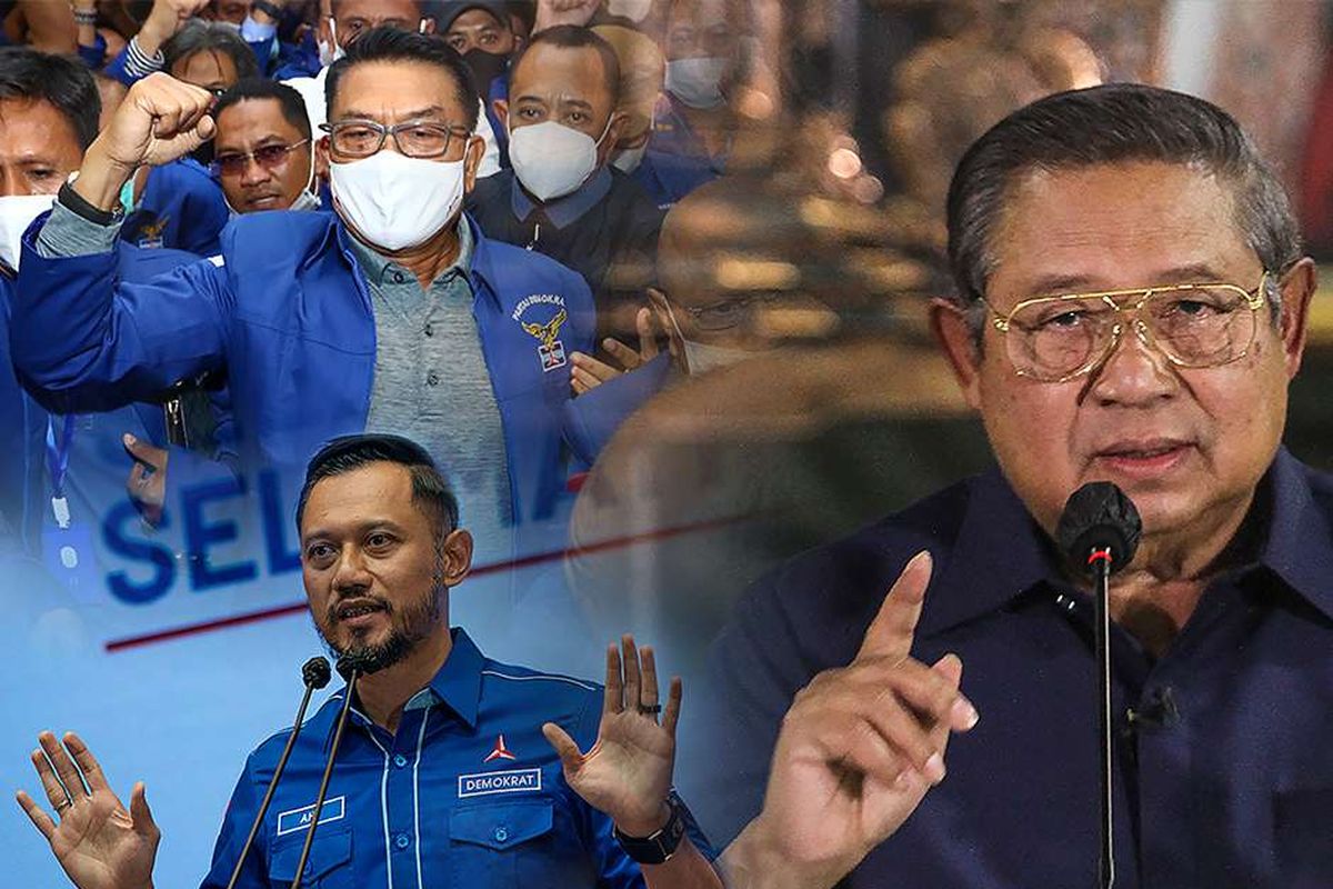 A compilation photo on Friday (5/3/2021) shows, Moeldoko (top left) arriving at the site of the Extraordinary Democrat Party Congress (KLB) in Deli Serdang, North Sumatra, General Chairman of the Democratic Party Agus Harimurti Yudhoyono (bottom left) delivering related information the Democrat KLB which is considered illegal in Jakarta, and the Chairman of the High Council of the Democratic Party, Susilo Bambang Yudhoyono, conveyed information regarding the Democrat KLB at Puri Cikeas, Bogor, West Java.