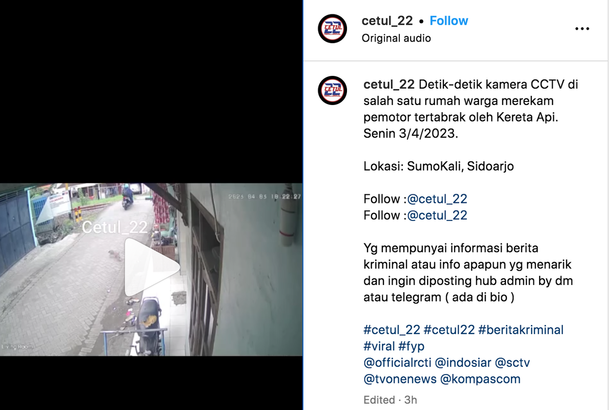 Pengendara motor tertabrak kereta api saat melintas di perlintasan tanpa palang pintu