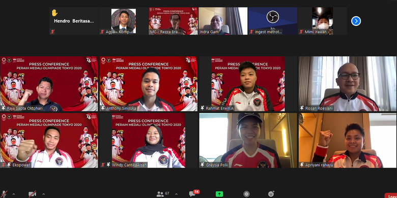 Tangkapan layar Zoom NOC Indonesia bersama atlet peraih medali Olimpiade Tokyo 2020, Jumat (6/8/2021) pagi WIB.