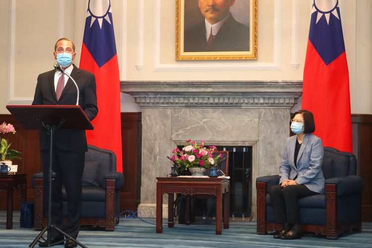 U.S. Health and Human Services Secretary Alex Azar, left, speaks during a meeting with Taiwans President Tsai Ing-wen in Taipei, Taiwan Monday, Aug. 10, 2020. Azar met with Tsai on Monday during the highest-level visit by an American Cabinet official since the break in formal diplomatic ties between Washington and Taipei in 1979. (Pool Photo via AP Photo)