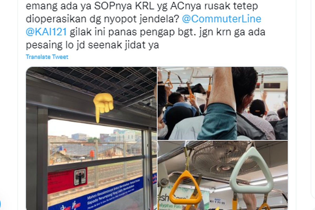 Tangkapan layar twit keluhan penumpang KRL soal AC rusak dan masih beroperasi dengan membuka jendela