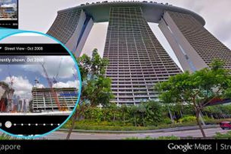 Pemandangan Hotel Marina Bay Sands di Singapura saat ini di Street View dan ketika masih dibangun pada 2008 (inset)