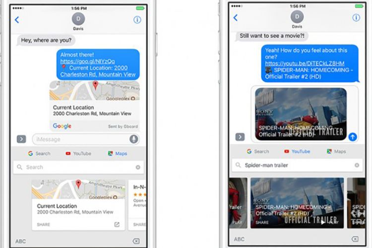 Fitur YouTube (kanan) dan Maps di aplikasi keyboard Google Gboard iOS.