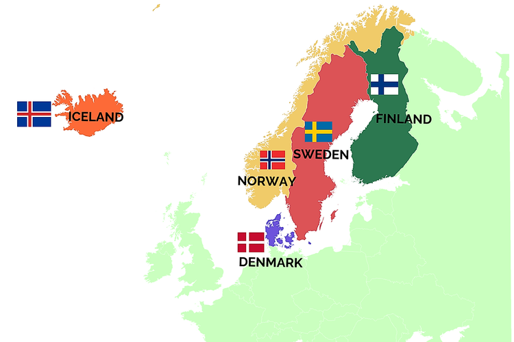 Peta negara Nordik, yaitu Finlandia, Denmark, Swedia, Norwegia, dan Islandia.