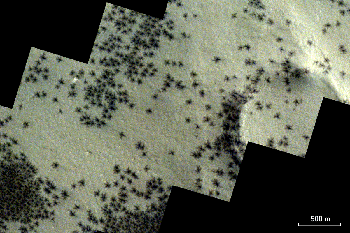 Laba-laba di bawah es Mars seperti yang difoto oleh instrumen CaSSIS (Colour and Stereo Surface Imaging System) di atas ExoMars Trace Gas Orbiter milik ESA.