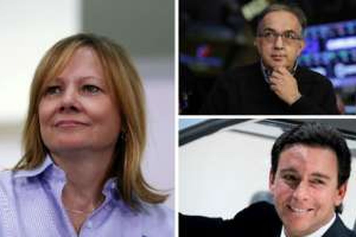 Mary Barra, CEO General Motors (kiri), Mark Fields, CEO Ford Motor (kanan atas), Sergio Marchionne, CEO FCA (kanan bawah)