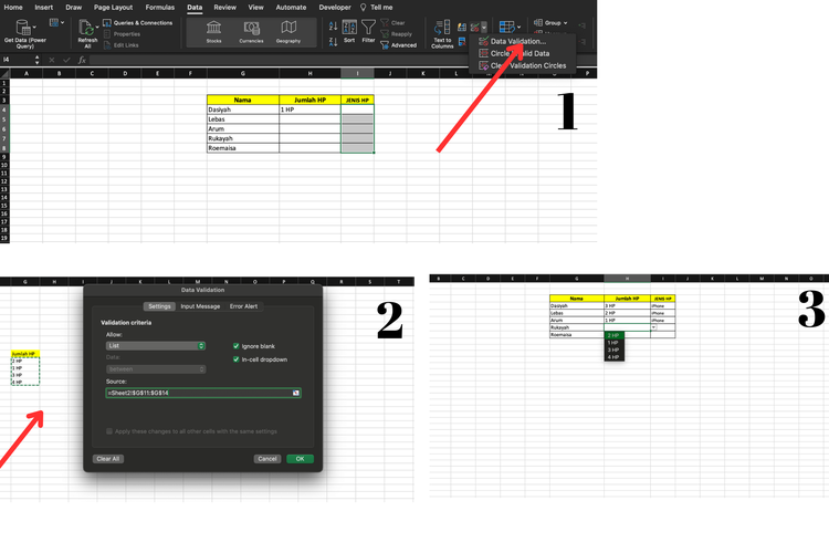 Ilustrasi cara buat drop down list di excel