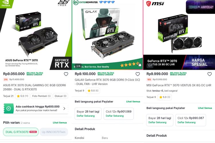 Harga VGA Nvidia GeForce RTX 3070 di suatu marketplace di Indonesia Agustus 2022.