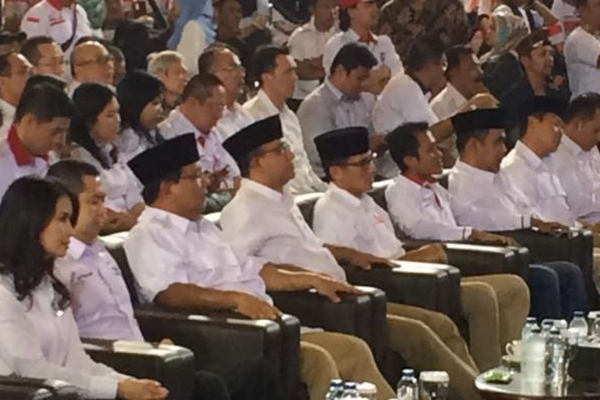 Ketua Umum Partai Gerindra Prabowo Subianto menghadiri acara deklarasi dukungan Partai Perindo kepada Anies Baswedan-Sandiaga Uno pada putaran kedua Pilkada DKI Jakarta 2017. Deklarasi dukungan Partai Perindo digelar di Kelapa Gading, Jakarta Utara, Selasa (14/3/2017).