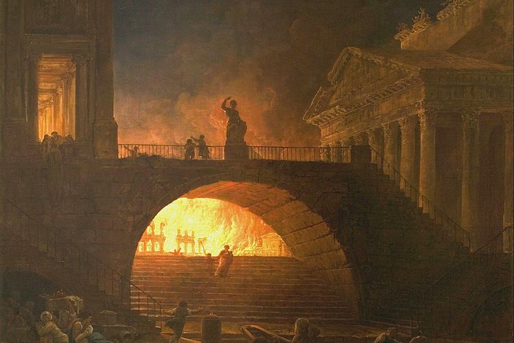 Ilustrasi Kebakaran Besar Roma pada tahun 64 yang dibuat pada 1785 oleh Hubert Robert.
