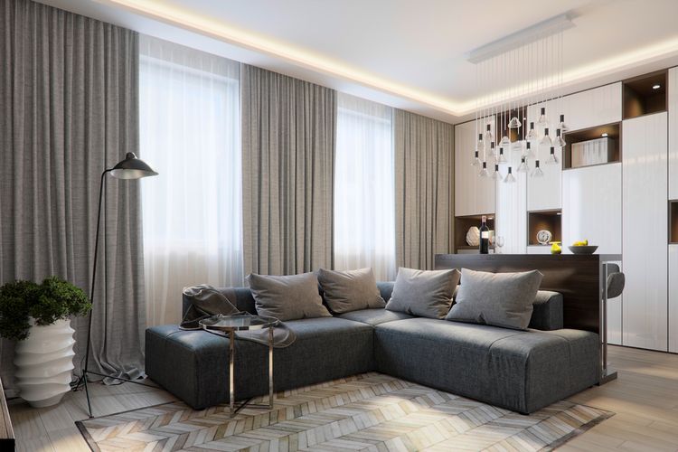 Ilustrasi ruang keluarga, ilustrasi gorden atau tirai di ruang keluarga, ilustrasi sofa modular, Ilustrasi sofa sectional.
