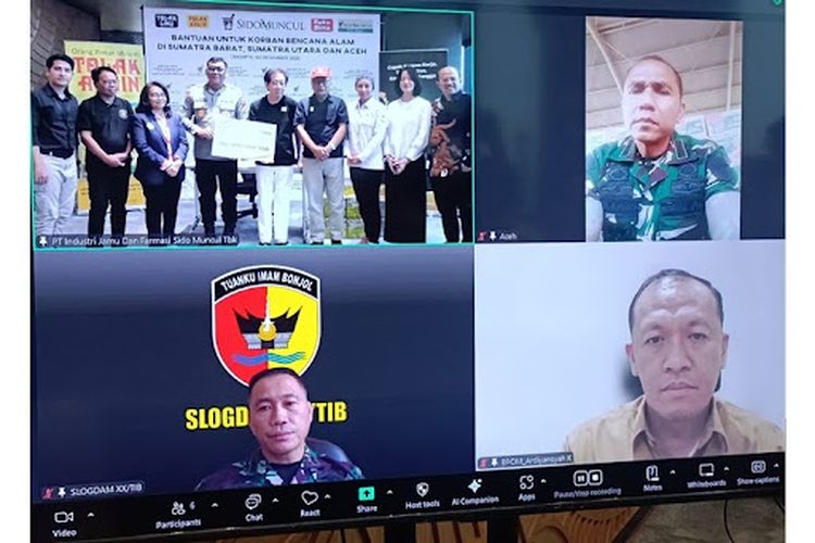 Penyerahan bantuan untuk korban bencana banjir-longsor di Sumatera oleh Sido Muncul dihadiri secara daring oleh Kapendam Iskandar Muda (IM) Kolonel Infantri Teuku Mustafa Kamal, Asisten Logistik Kasdam XX/Tuanku Imam Bonjol Kolonel Kav Syamsul Arifin, serta  Kepala Bagian Rumah Tangga dan Umum Badan Pengawas Obat (BPOM) RI, Ardiansyah Kahuripan. (Dok. Fathia Ariana/KOMPAS.com) 
