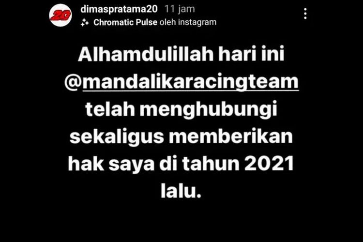 Mandalika Racing Team Indonesia (MRTI) akhirnya melunasi utang pada Dimas Ekky Pratama
