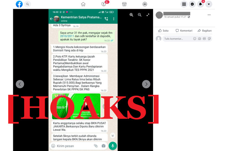 Tangkapan layar pesan hoaks yang diunggah sebuah akun Facebook, tentang tawaran mengisi kekosongan kuota PPPK 2021 melalui akun WhatsApp mengatasnamakan kepala humas BKN.