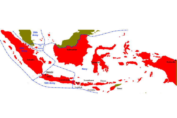 Peta pendudukan Jepang di Indonesia. Jepang membagi Indonesia menjadi tiga wilayah