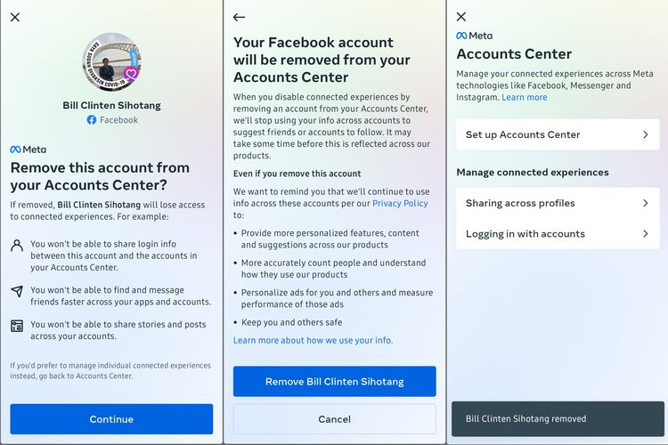 Cara menghapus sinkronisasi Facebook di aplikasi Instagram.
