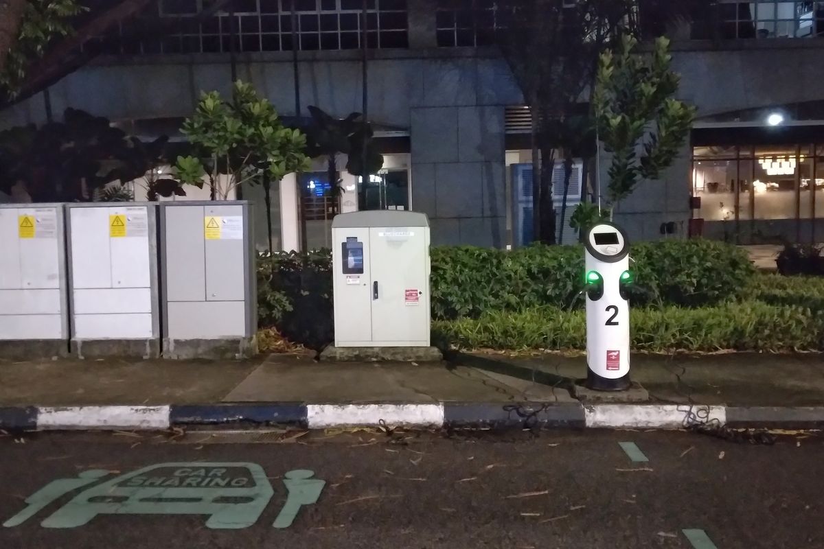 Electric chargers at 21 Merbau Road, Singapore. Photo taken on August 2, 2022.