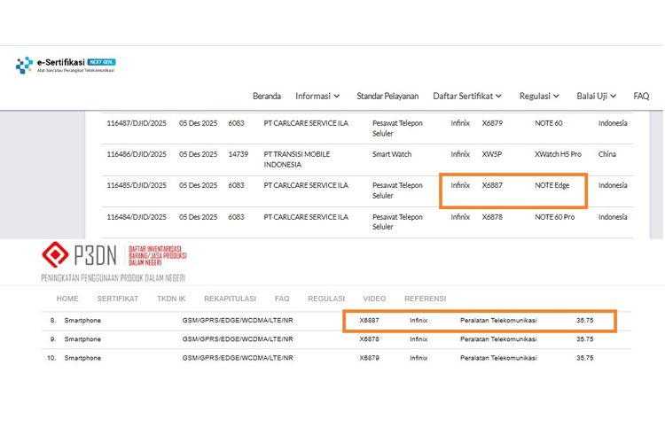 Atas ke bawah: Screenshot sertifikasi Infinix Note Edge di laman Postel Komdigi dan TKDN Kemenperin