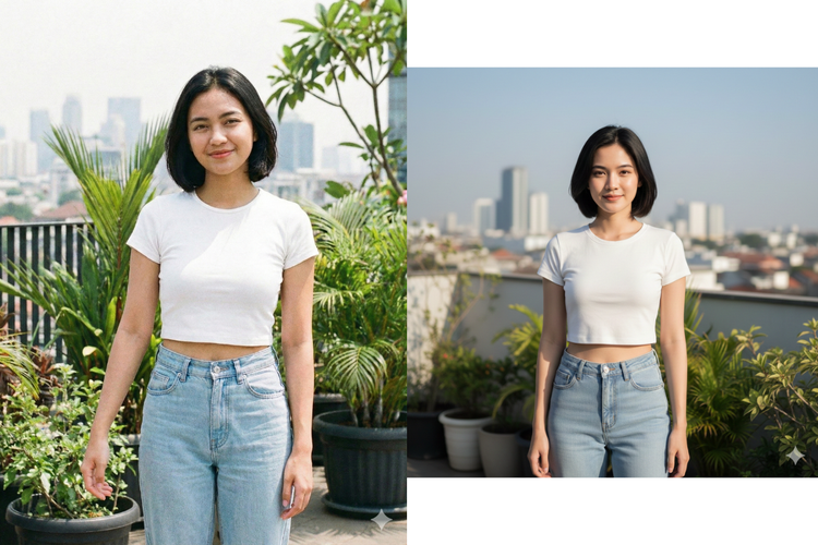 Perbandingan pembuatan foto objek orang dari Gemini 3 Pro (kiri) dan Gemini 2.5 (kanan).