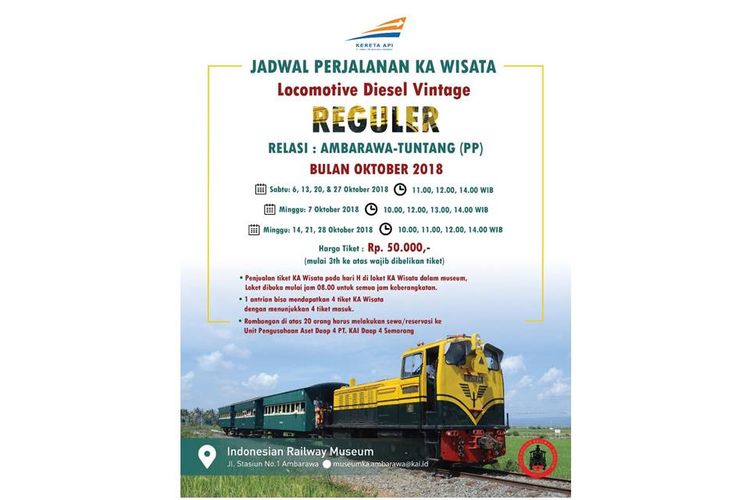 Jadwal keberangkatan perjalanan KA wisata dengan rute Ambarawa-Tuntang (PP) pada Oktober 2018.