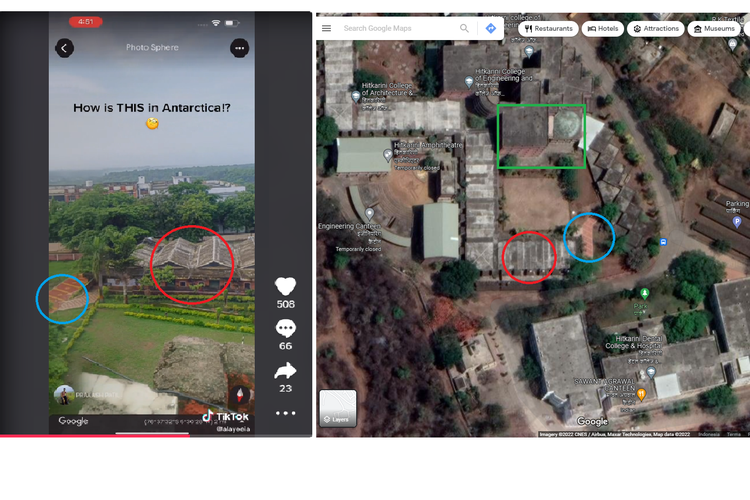Tangkapan layar video TikTok dan citra satelit Google Maps Hitkarini College of Engineering and Technology di Jabalpur, India.