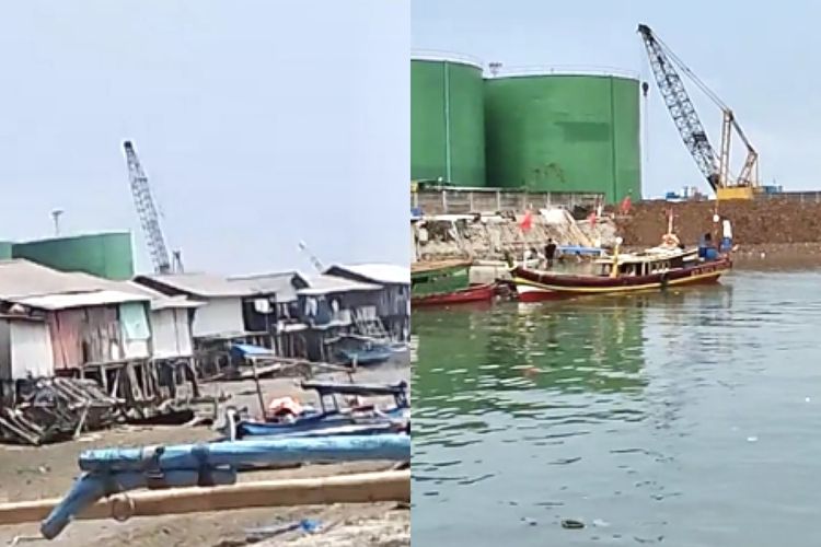Foto kolase perbandingan kondisi Pantai Karang Jaya saat ini (kiri) dan sebelum reklamasi (kanan).