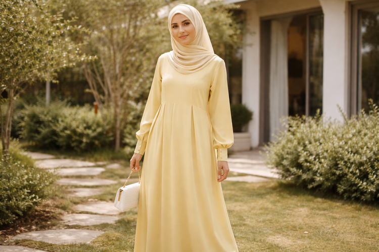 Gamis polos warna butter yellow