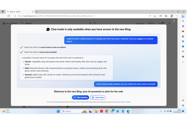 Jendela pemberitahuan bahwa chatbot AI Bing sekarang tersedia untuk semua pengguna. Pengguna tinggal membuka browser Microsoft Edge.