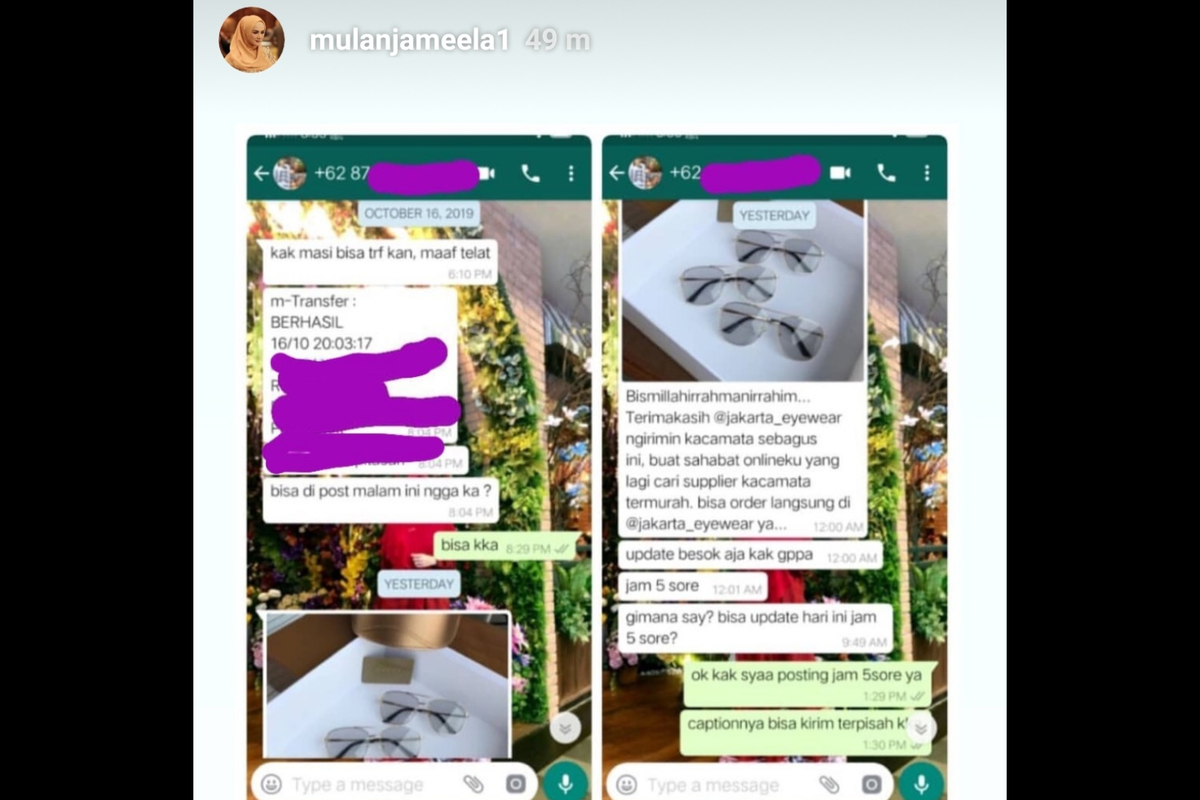 Mulan Jameela mengunggah Instagram story soal endorse kacamata GUCCI.