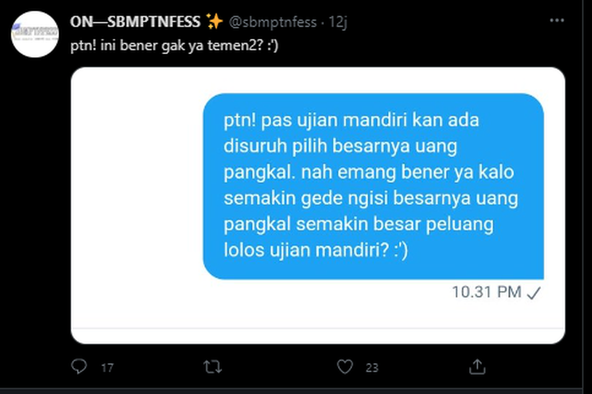 Tangkapan layar twit soal uang pangkal dalam seleksi PTN jalur mandiri.