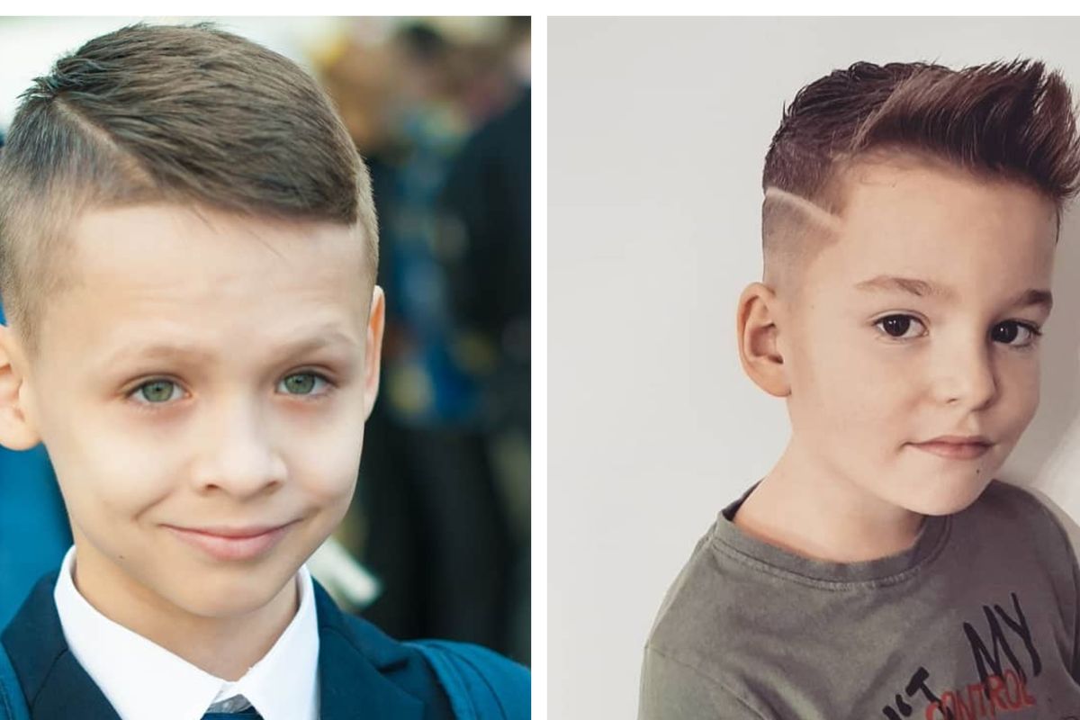 Gaya rambut anak laki-laki di sekolah, kiri ke kanan ( model crew cuts dan Faux hawk with line)